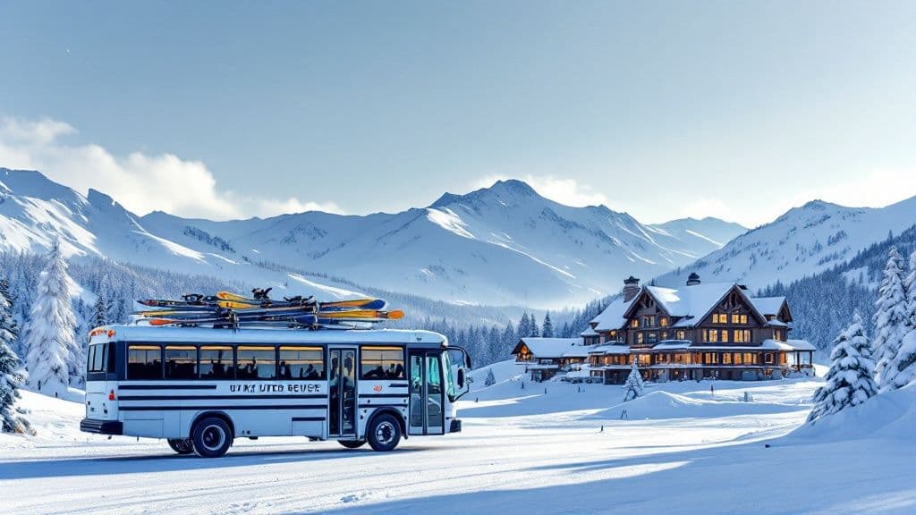 A line of skiers and snowboarders patiently waiting to board a Utah ski bus on a sunny winter day.