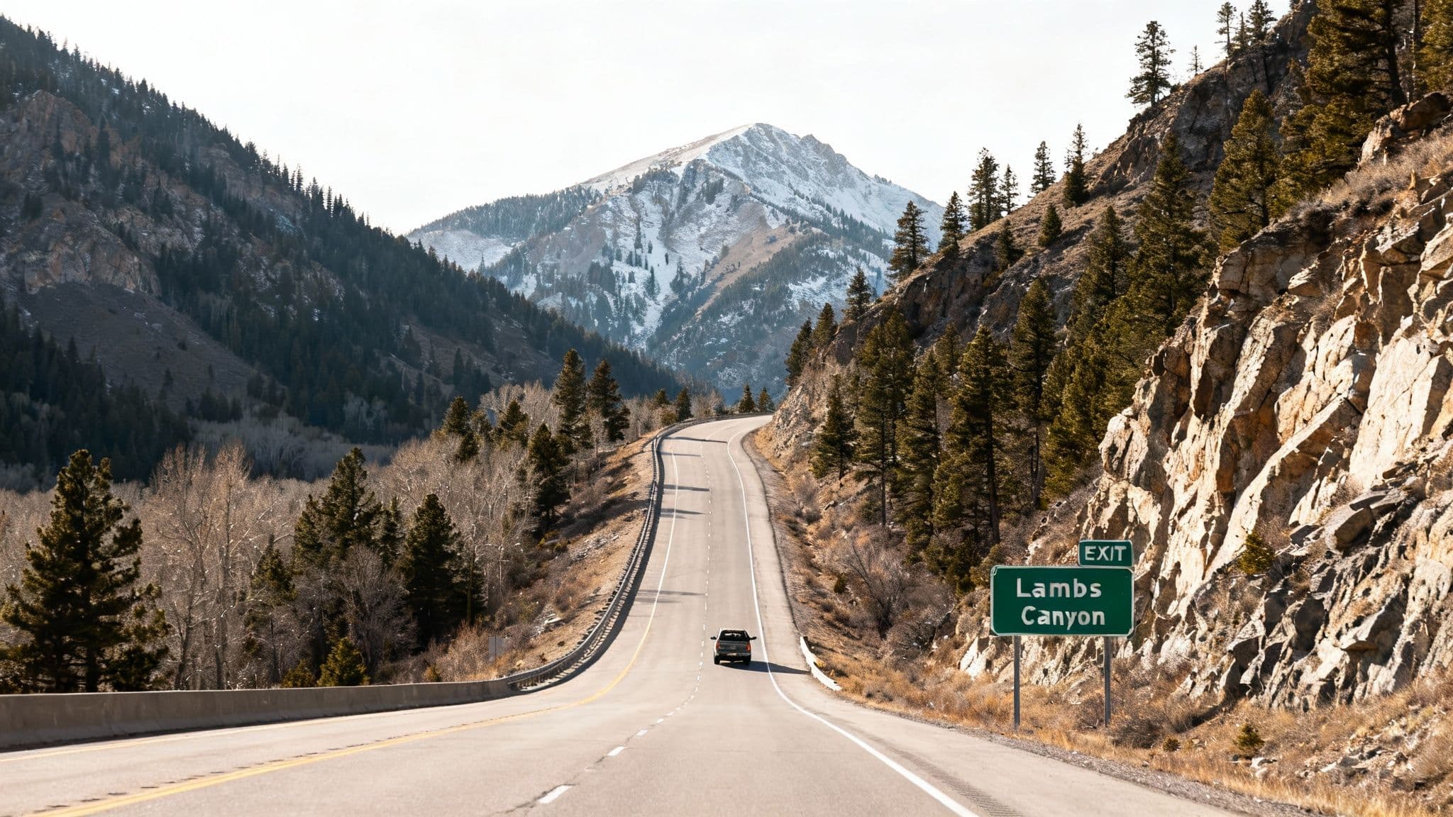 View of a winding road through Parleys Canyon in Utah, with autumn colors on the hillsides and mountains in the background.