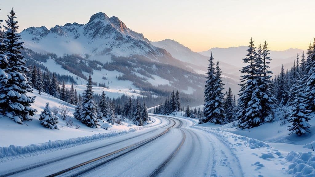 A snowplow clears a winding mountain road in the Wasatch during a heavy snowstorm.