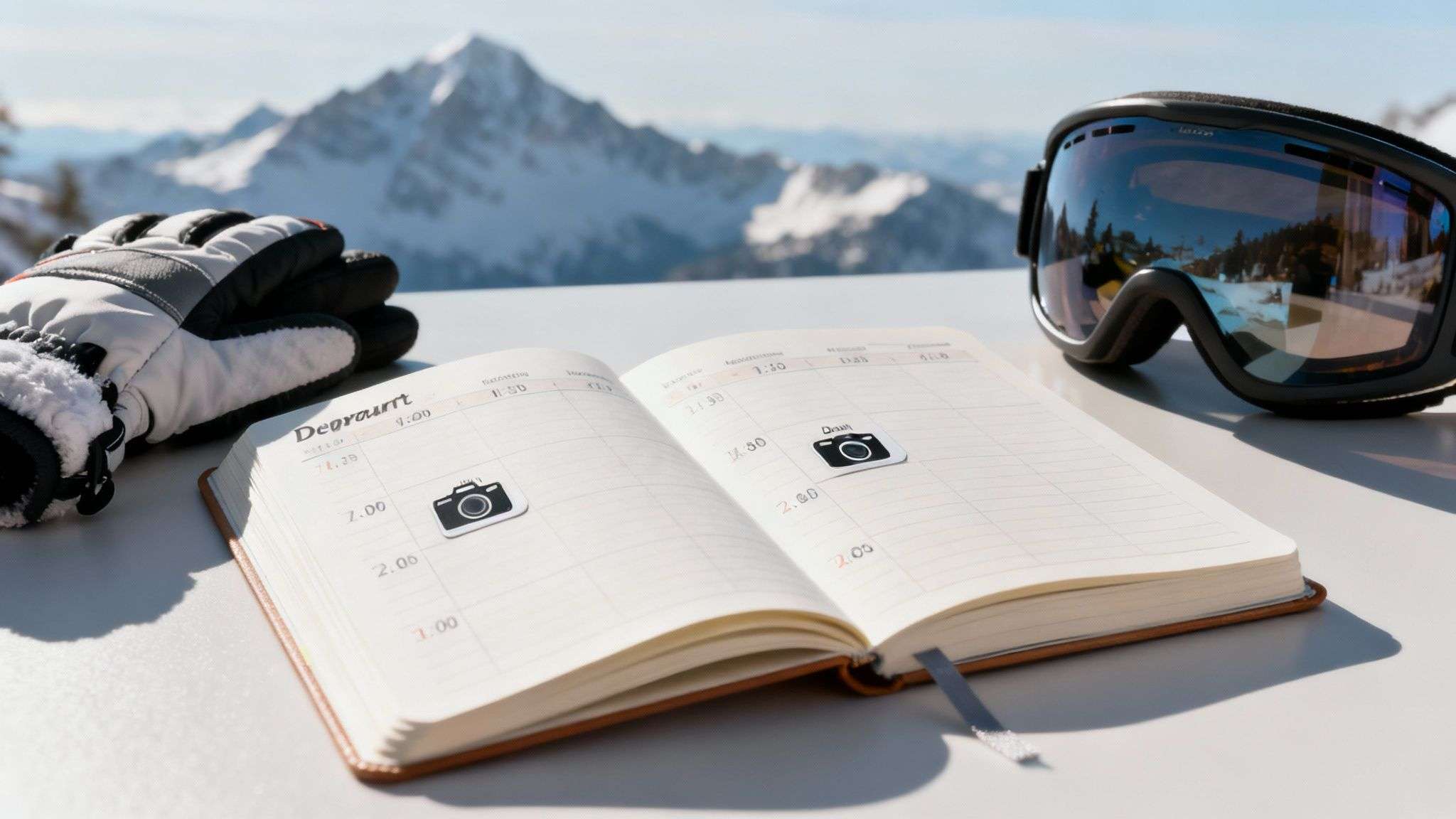 Skier looking at a phone with a mountain in the background, symbolizing planning a trip using real-time data.
