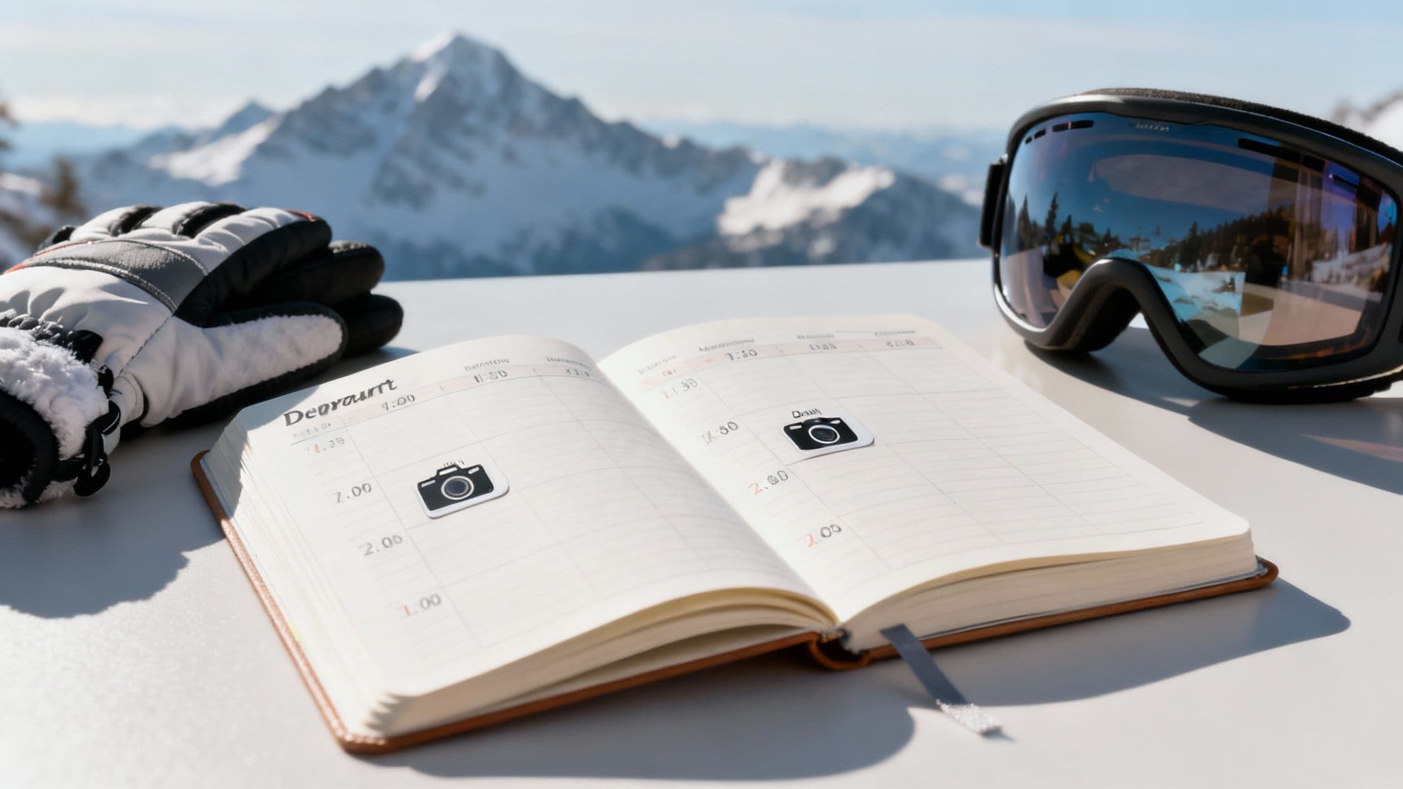 Skier looking at a phone with a mountain in the background, symbolizing planning a trip using real-time data.