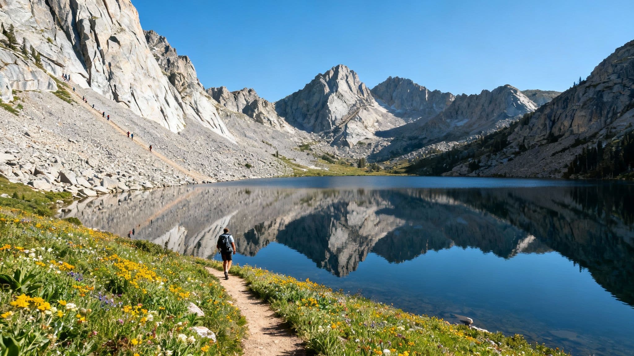 A vibrant field of wildflowers in Albion Basin, with rugged mountain peaks of Little Cottonwood Canyon in the background.