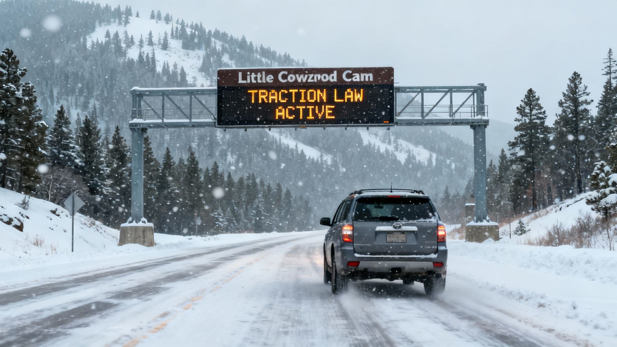 A car driving on a snowy road in a Utah canyon with the traction law sign visible.