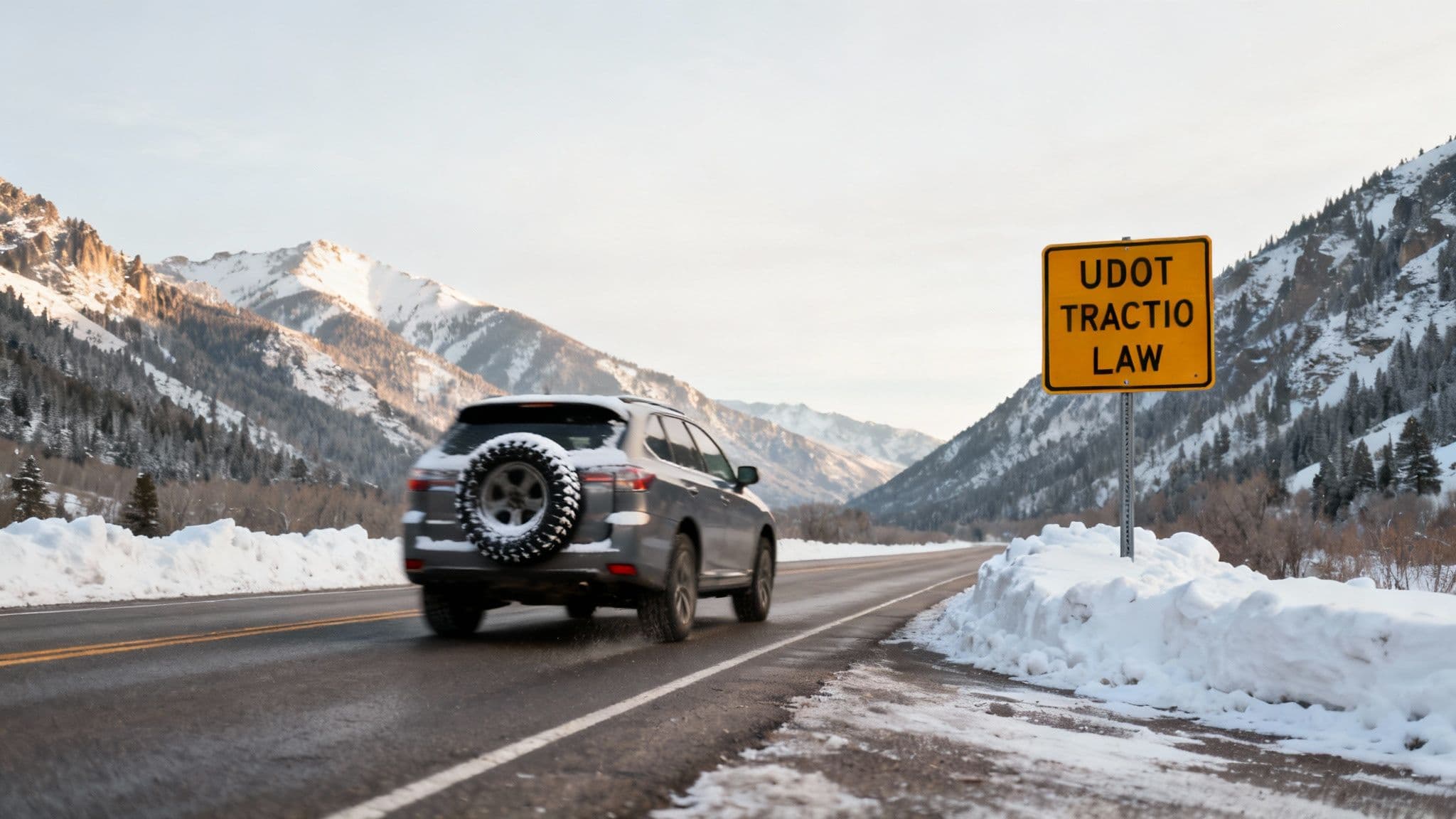 A snow-covered road winding through a steep canyon, lined with snow-laden pine trees.