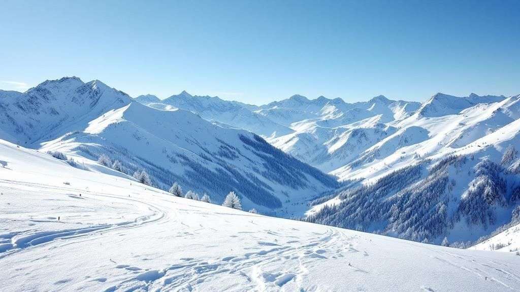 A sunny winter day showing snow-covered mountains and pine trees in Park City, Utah.
