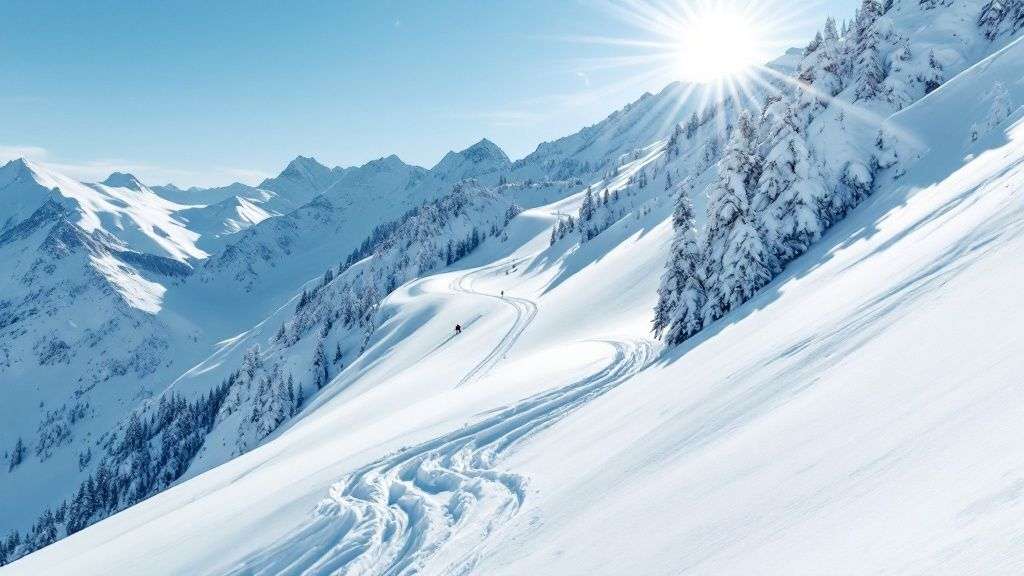 Snowbird's iconic aerial tram ascends the mountain against a backdrop of rugged, snow-covered peaks and dramatic clouds.