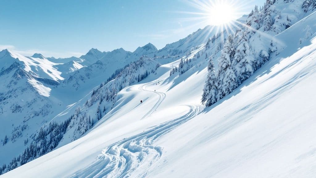 Snowbird's iconic aerial tram ascends the mountain against a backdrop of rugged, snow-covered peaks and dramatic clouds.