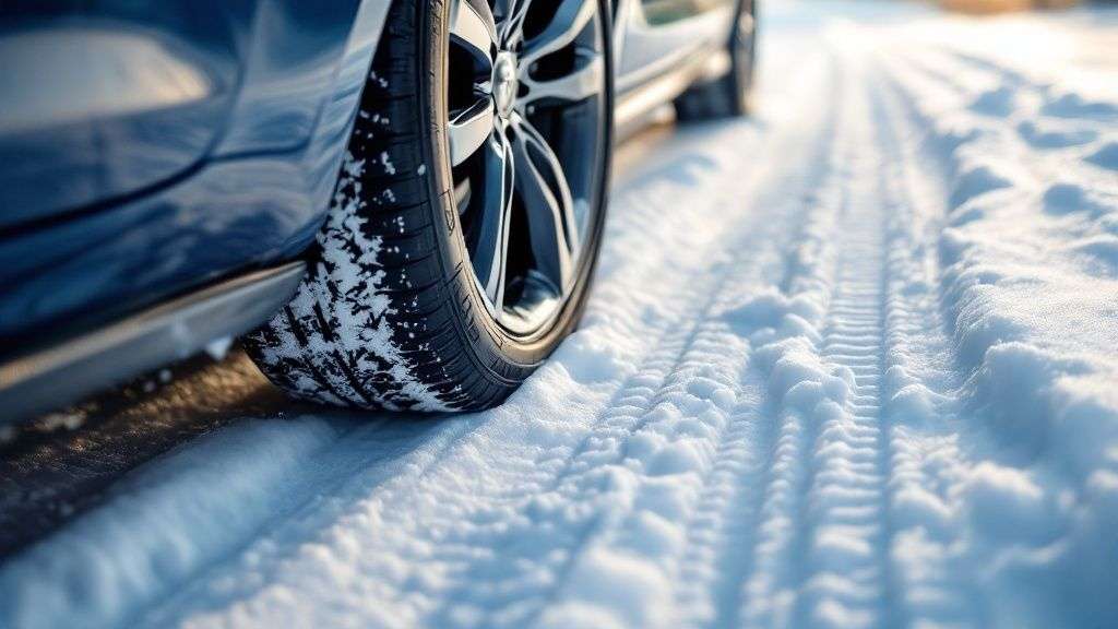 A car carefully driving on a snowy, winding canyon road, showcasing challenging winter conditions.