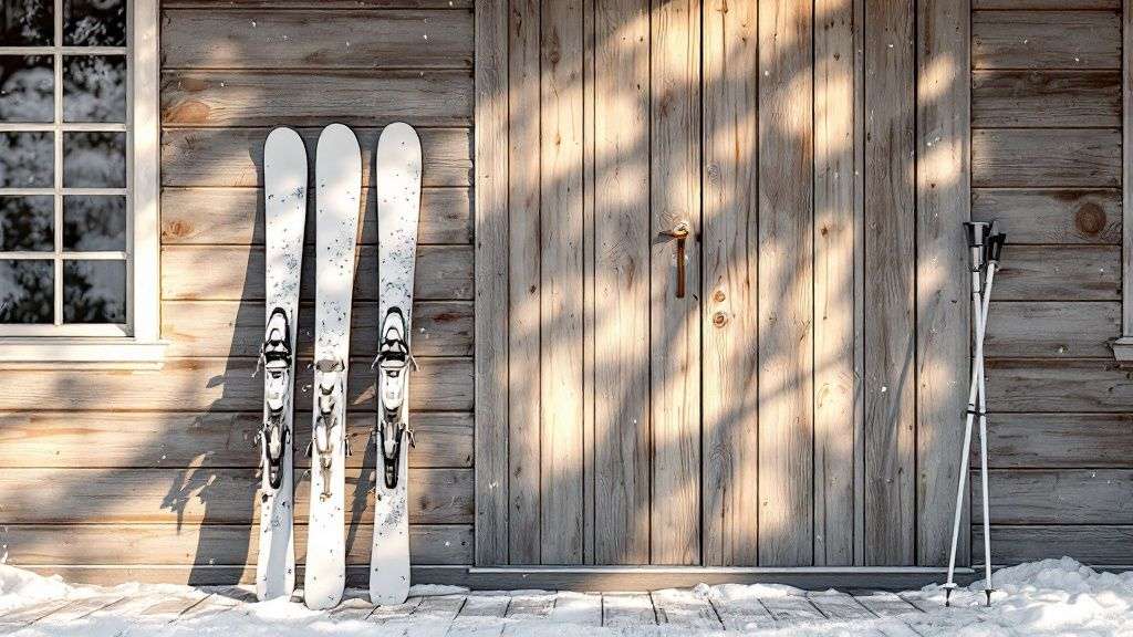Skis and poles stuck in deep snow on a mountain slope, with a professional checking conditions, representing questions about the Wasatch snow forecast.