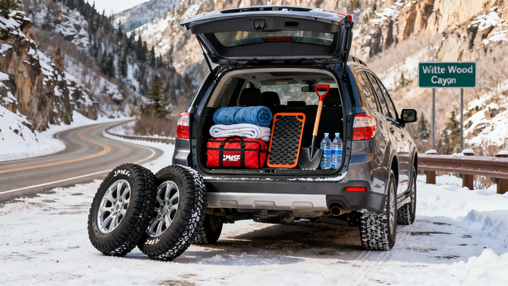 A car driving on a snowy road in Little Cottonwood Canyon with mountains in the background, demonstrating winter driving conditions.