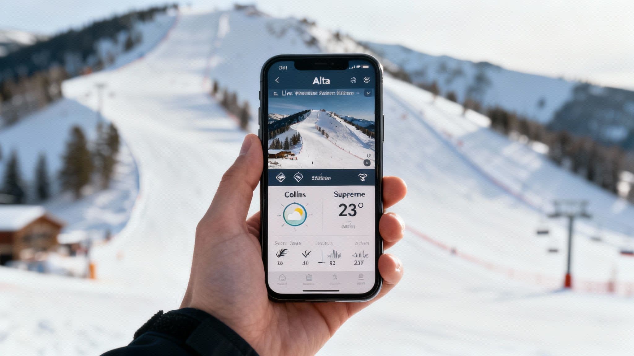Skier checking their phone with a snowy mountain backdrop at Alta Ski Resort.
