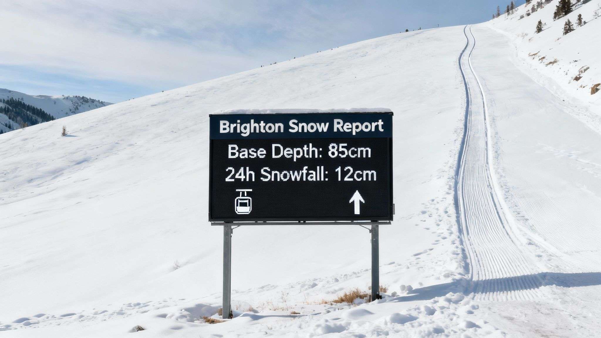A snowboarder carving through fresh powder at Brighton Resort, Utah, under a clear blue sky.