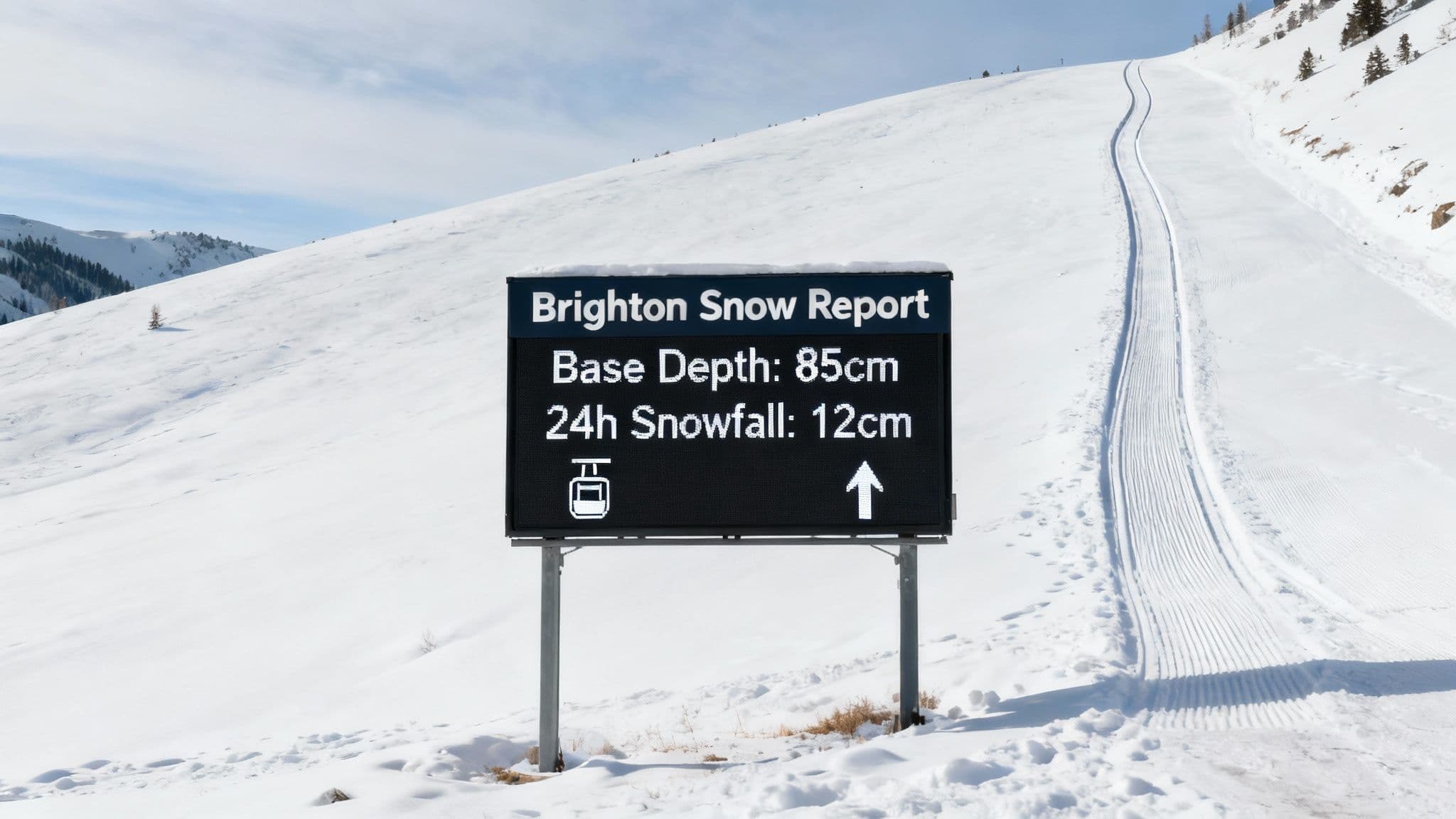 A snowboarder carving through fresh powder at Brighton Resort, Utah, under a clear blue sky.