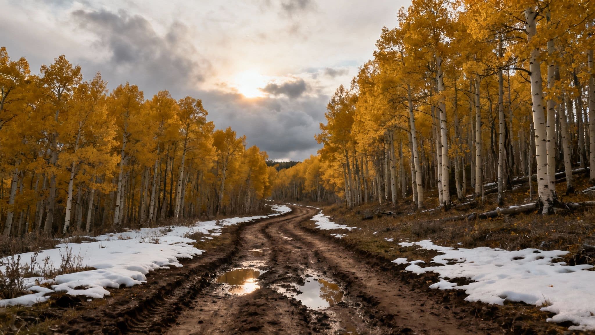 Aspen trees in peak fall color line a trail in Park City, Utah.