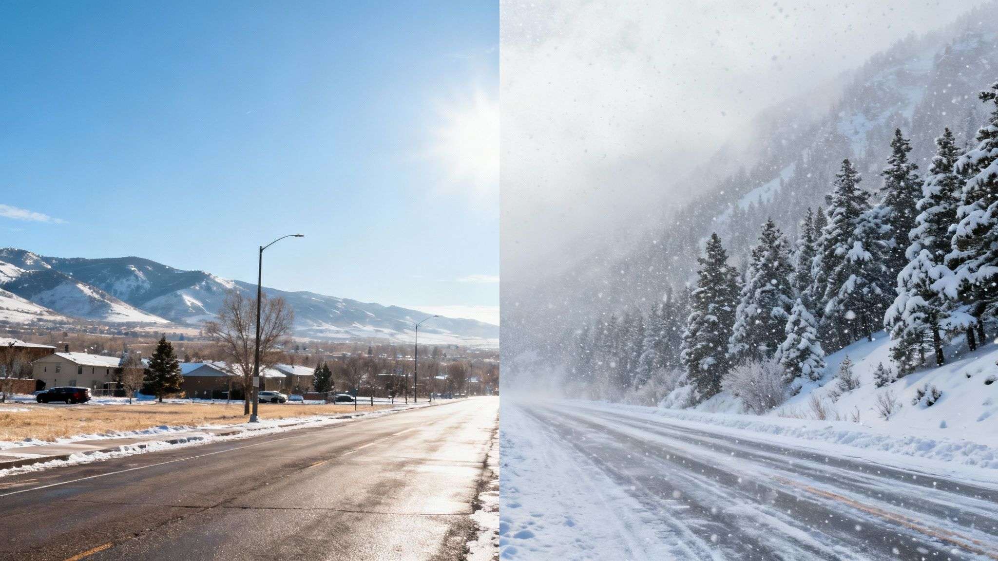 A car driving on a snowy mountain road with heavy fog, illustrating the stark difference between valley and canyon weather.