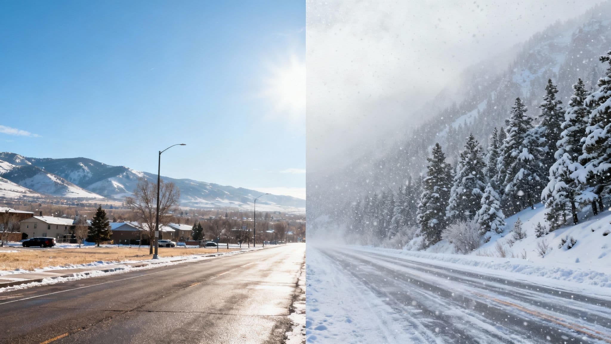 A car driving on a snowy mountain road with heavy fog, illustrating the stark difference between valley and canyon weather.