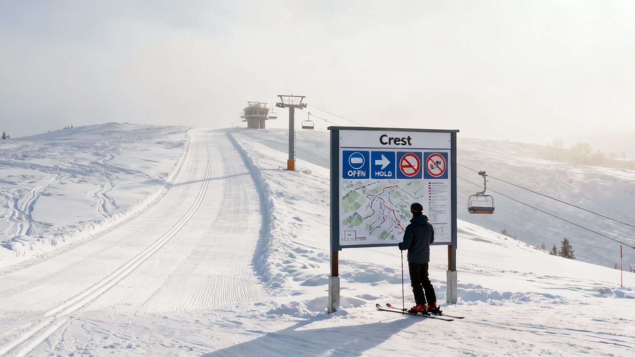 Skiers looking at a trail map with Brighton's lifts visible in the background.