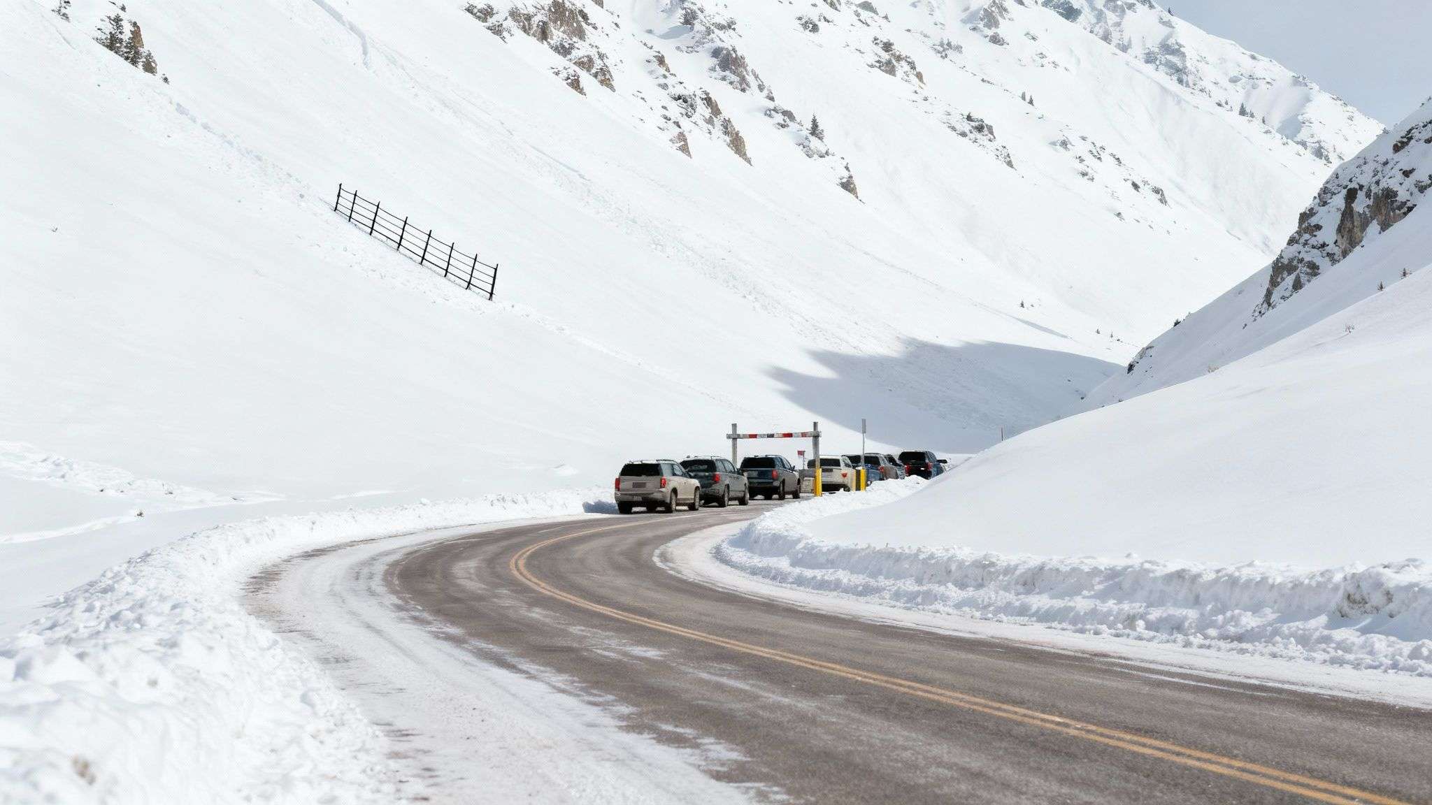 A long line of cars snaking up the snowy road in Little Cottonwood Canyon.