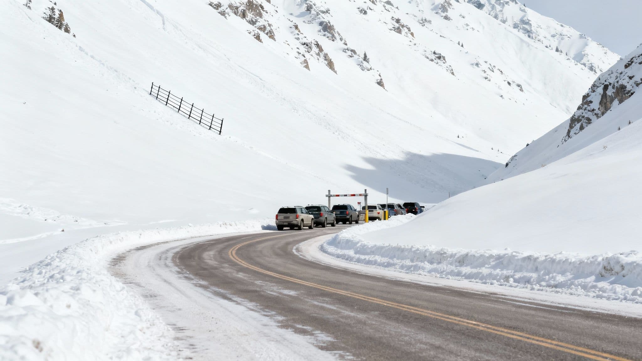 A long line of cars snaking up the snowy road in Little Cottonwood Canyon.