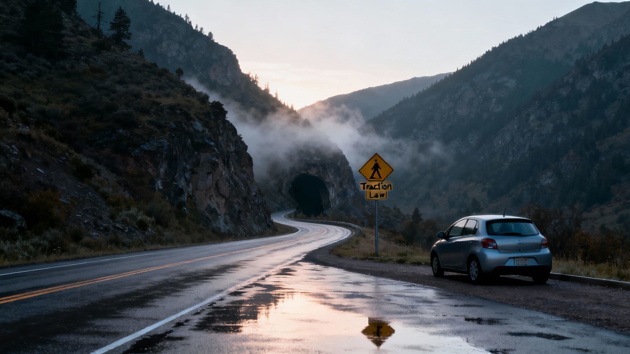 A snowy mountain road winding through pine trees under a clear blue sky, illustrating canyon travel conditions.