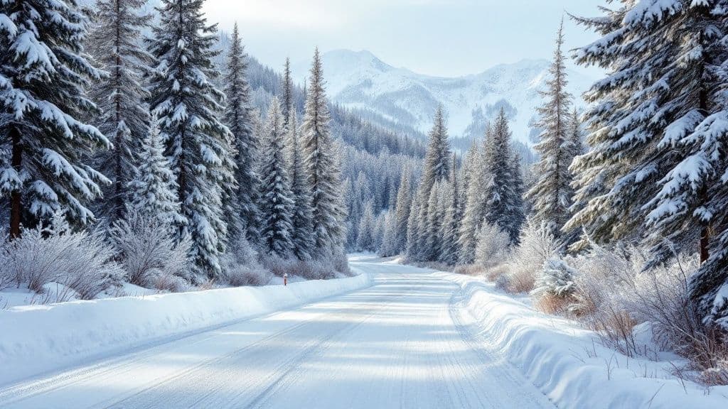 A scenic view from the Snowbird ski resort heliport bypass road looking towards the Alta ski area in UT, with snow-covered mountains in the distance.