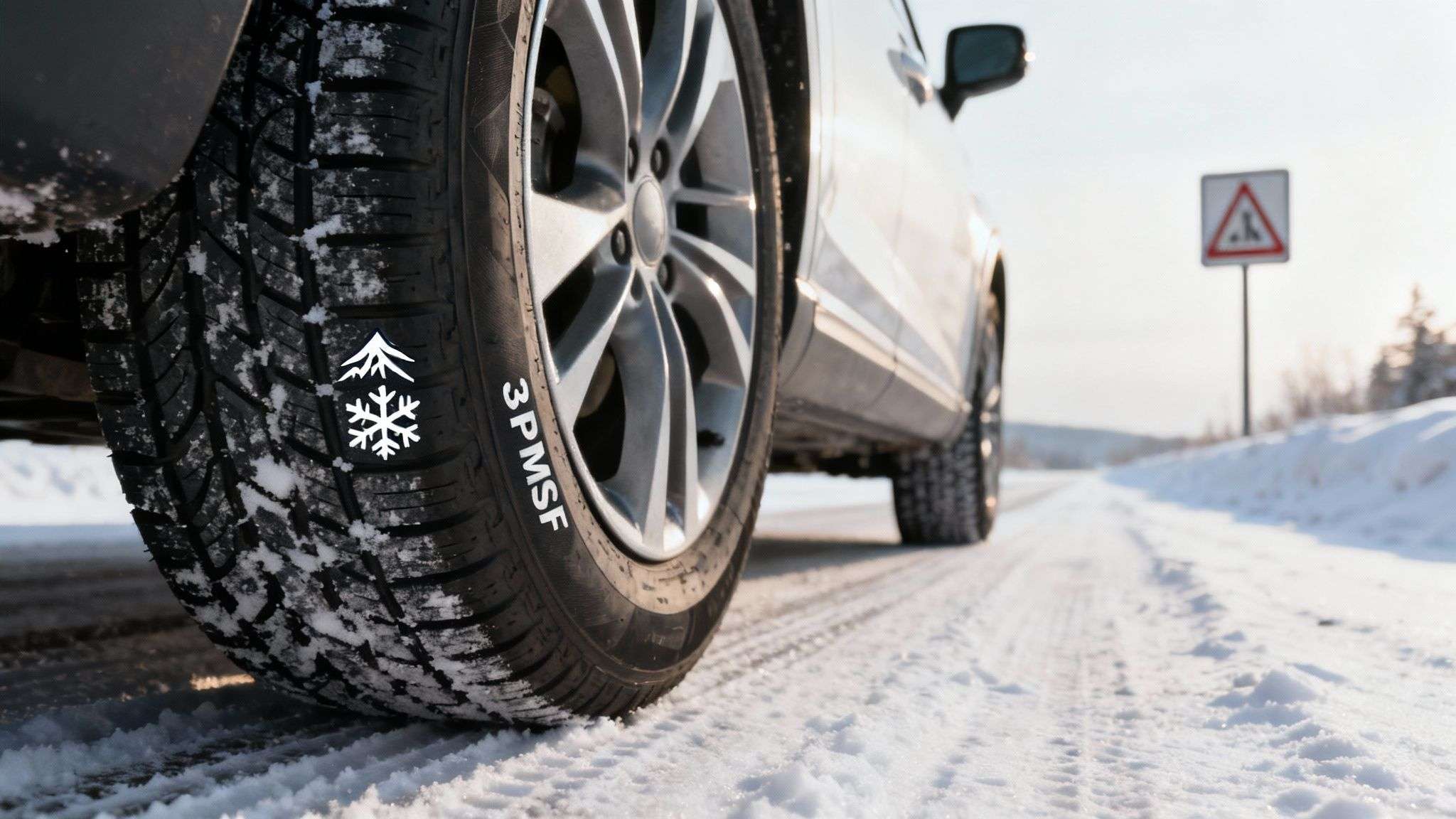 A close-up of a snow tire tread with the 3-Peak Mountain Snowflake symbol visible.