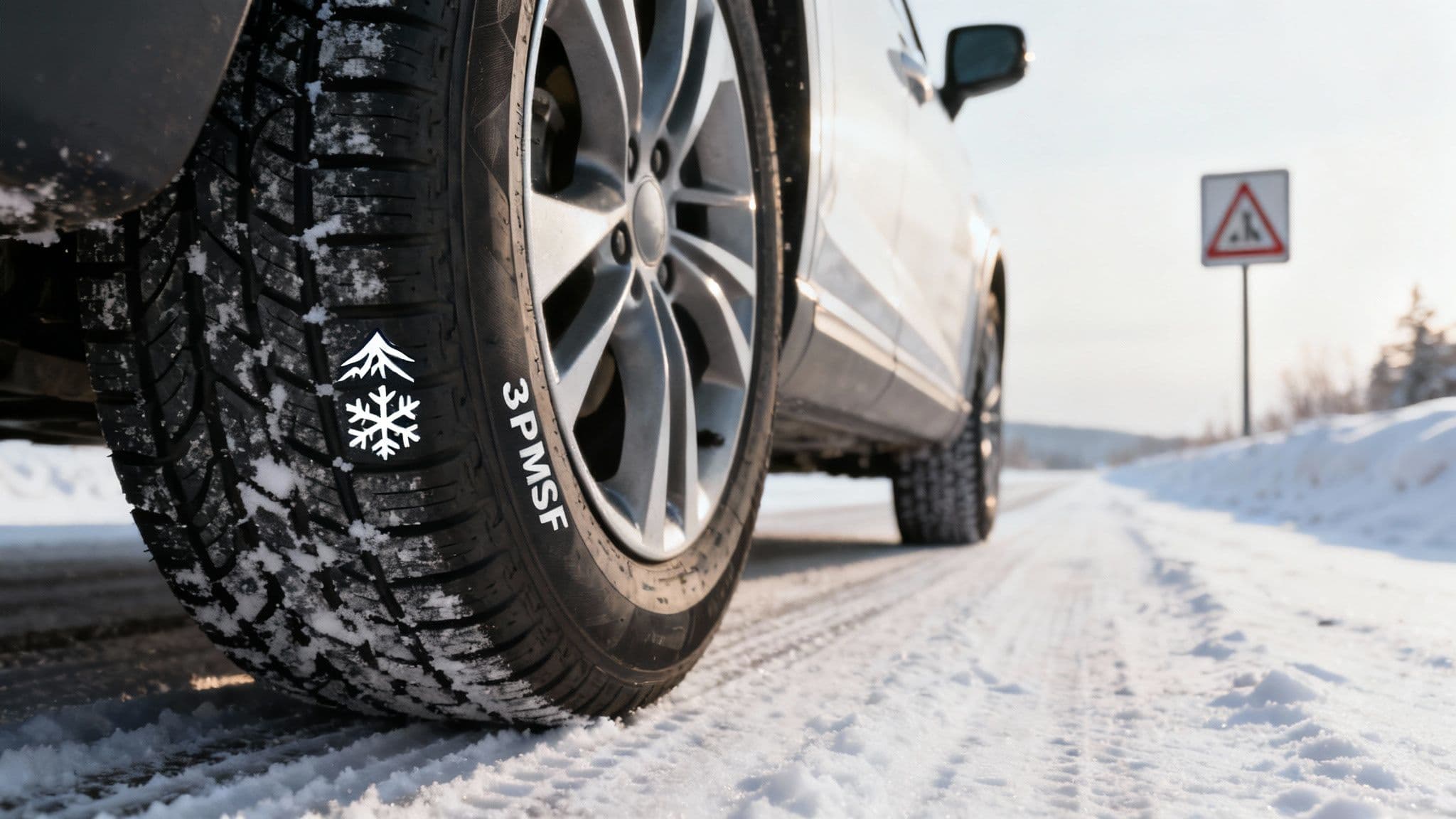 A close-up of a snow tire tread with the 3-Peak Mountain Snowflake symbol visible.