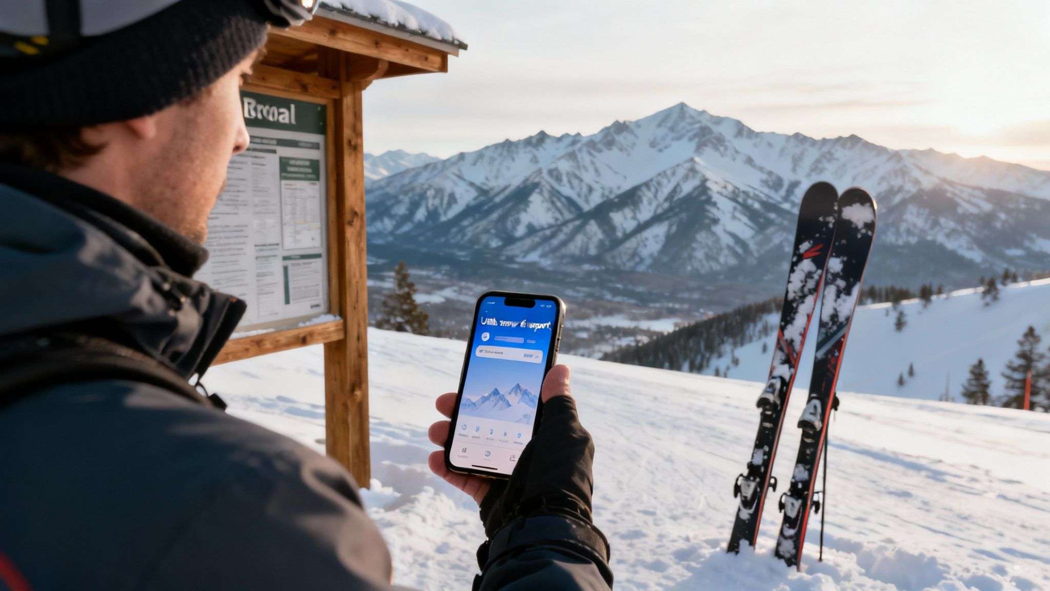A skier carves through deep powder snow on a sunny day in Utah's mountains.