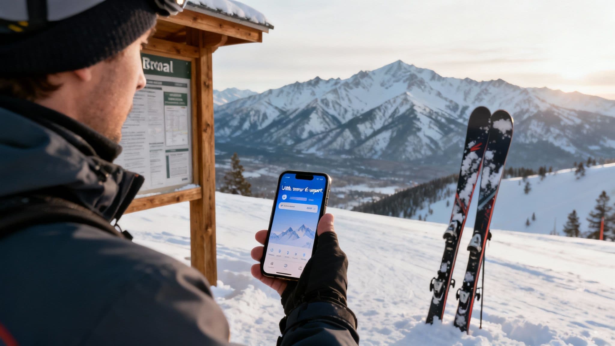 A skier carves through deep powder snow on a sunny day in Utah's mountains.