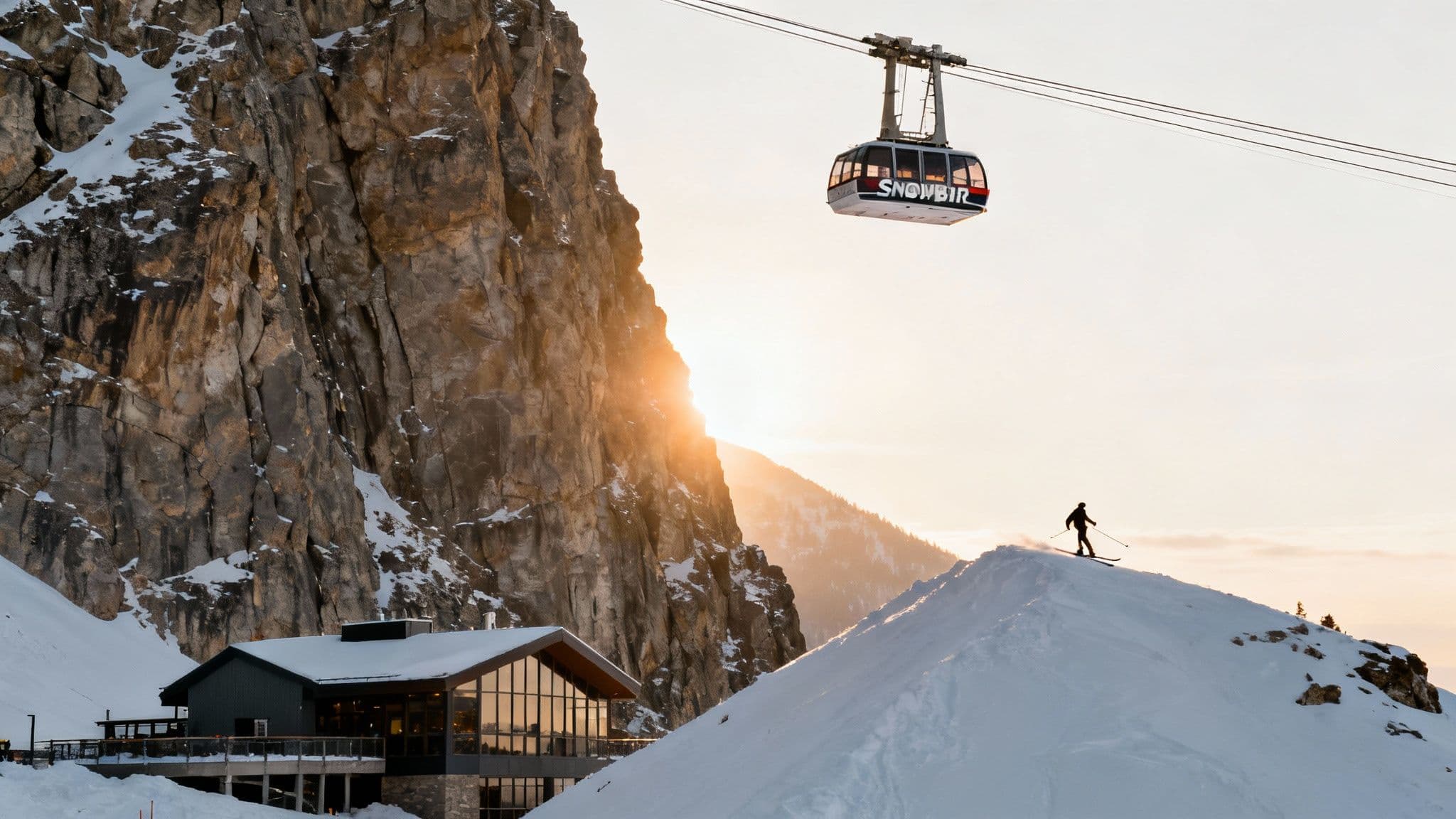 A snowboarder carving through fresh powder at Snowbird with mountains in the background.