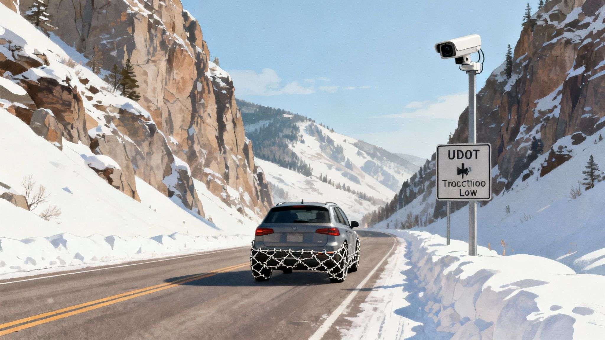 Cars driving up a snowy canyon road with ski lifts visible on the mountainside.
