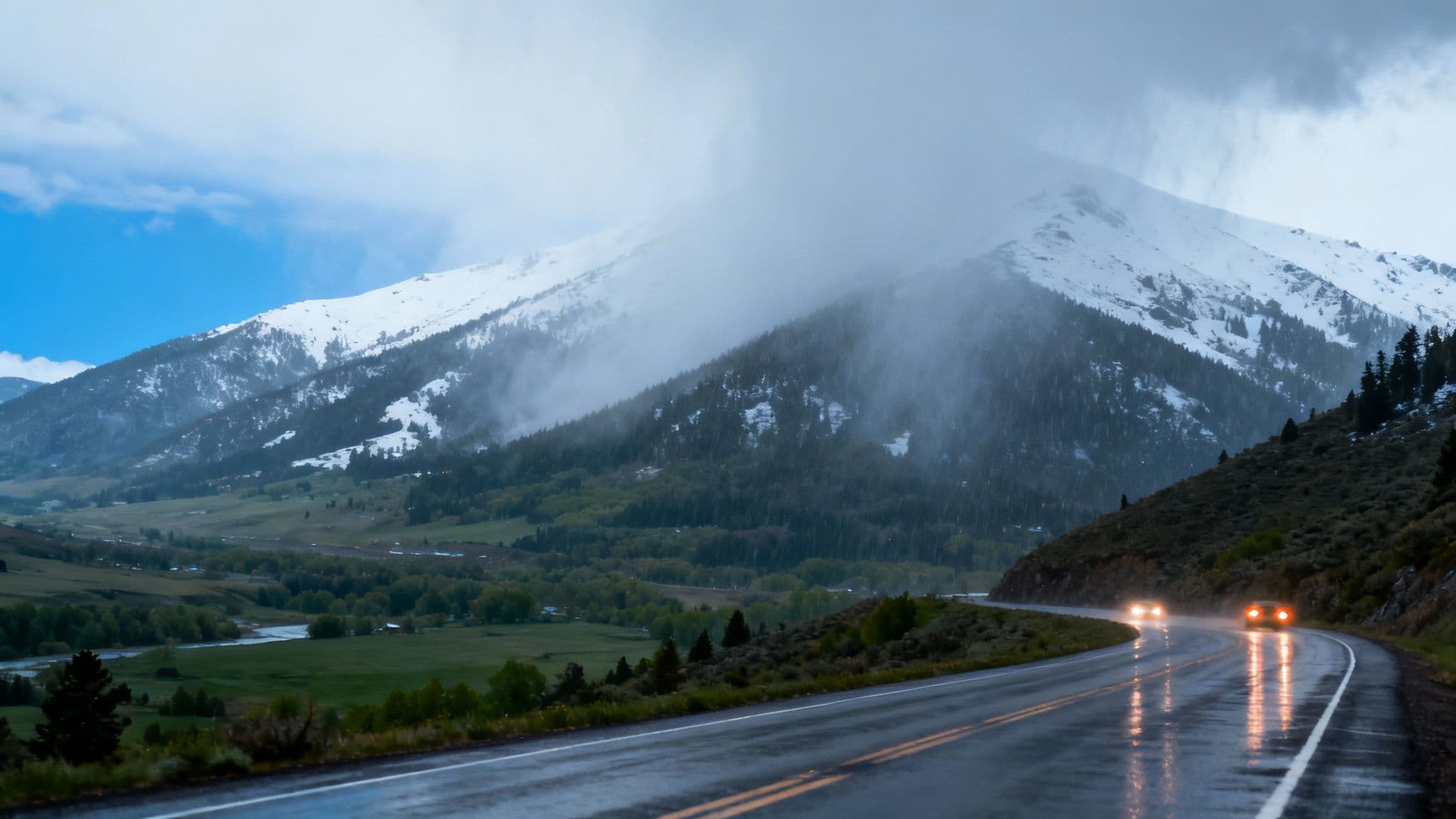 A winter scene in Parleys Canyon, Utah, showing I-80 covered in snow with slow-moving traffic.