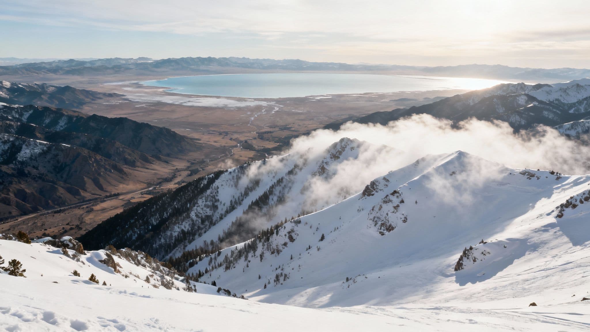 A stunning mountain landscape at Alta, with fresh powder on the slopes and dramatic, sunlit peaks in the background.