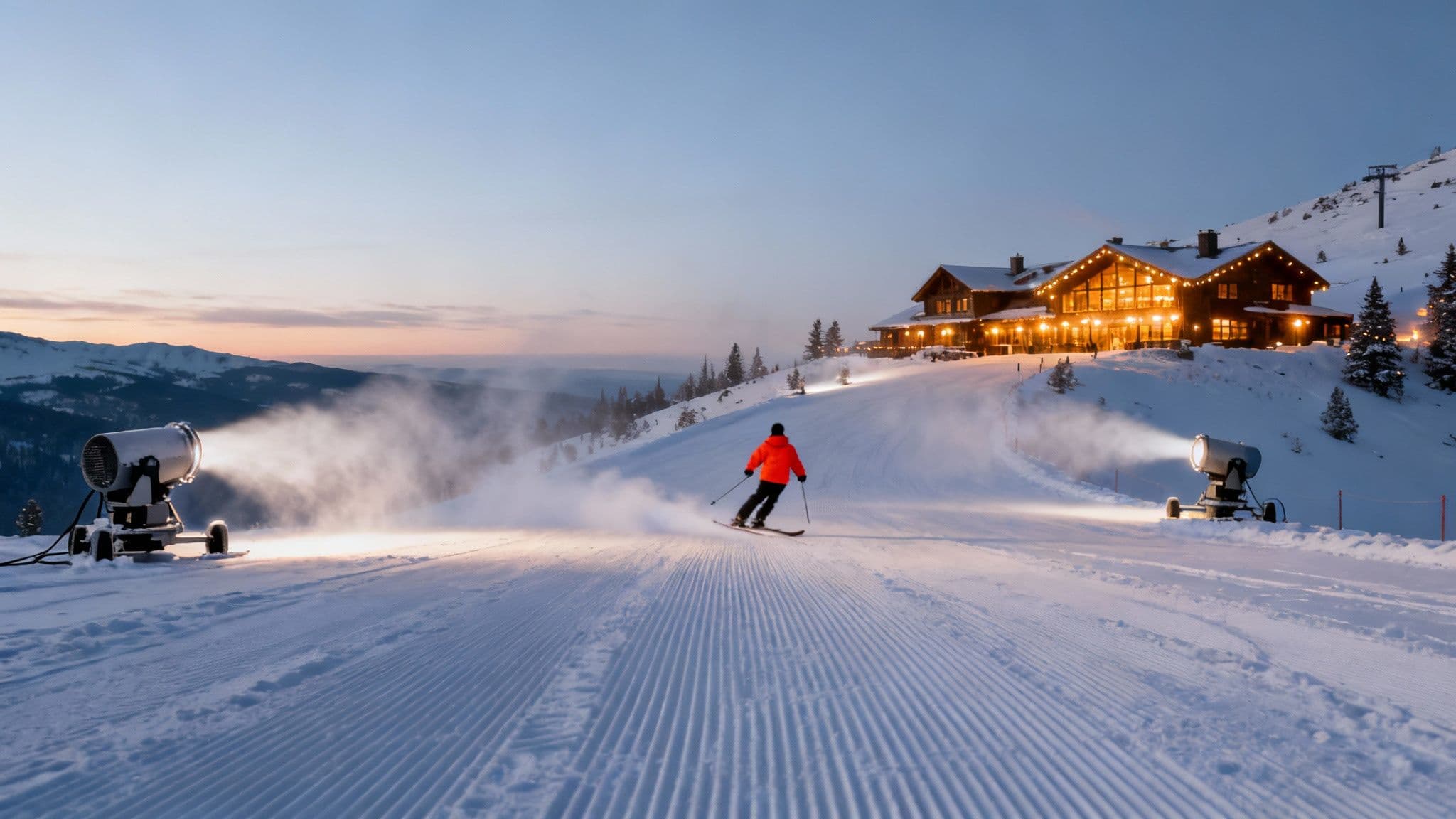 Skiers on a groomed run during early season with some uncovered areas visible.