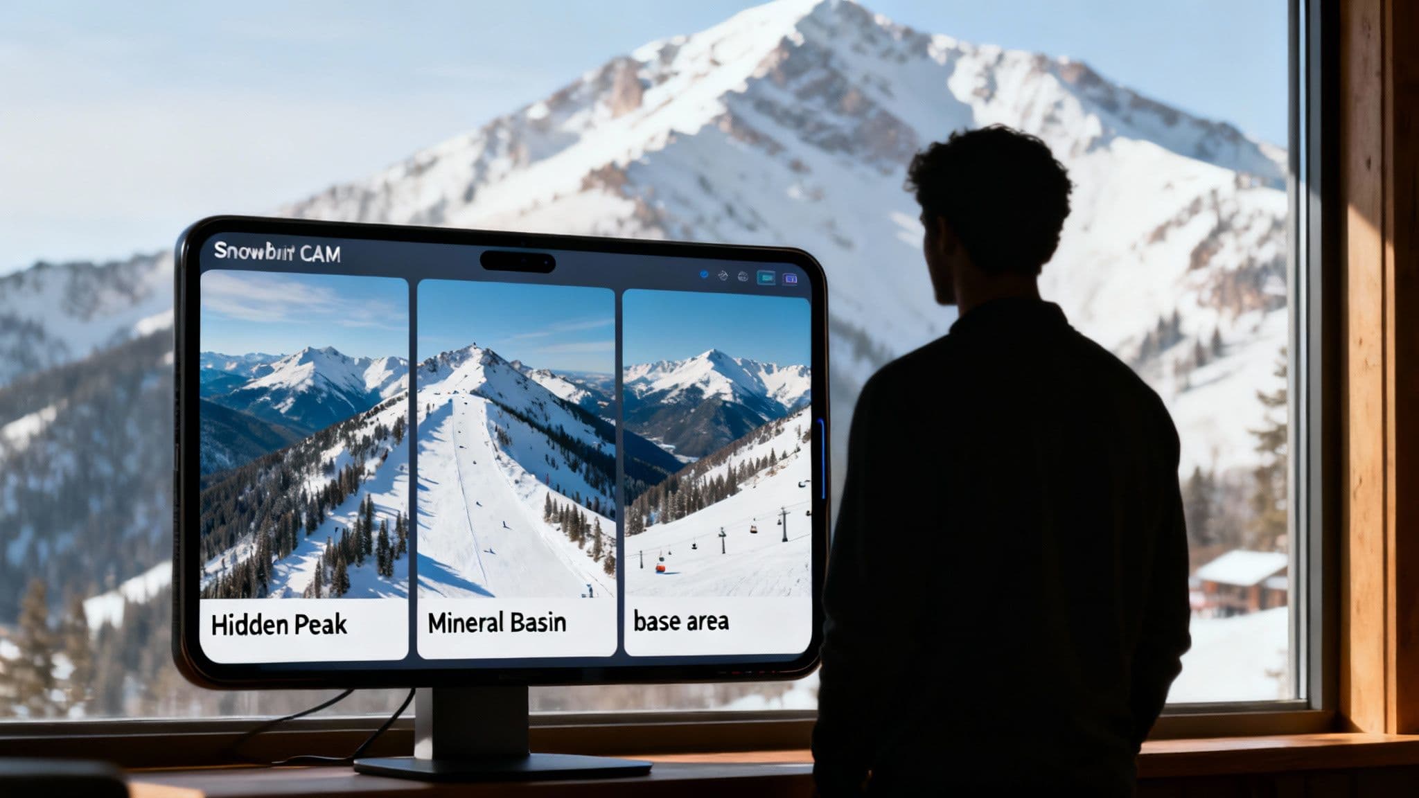 A snowy, panoramic view from a mountain cam at Snowbird, Utah, showing ski lifts and slopes under a clear blue sky.