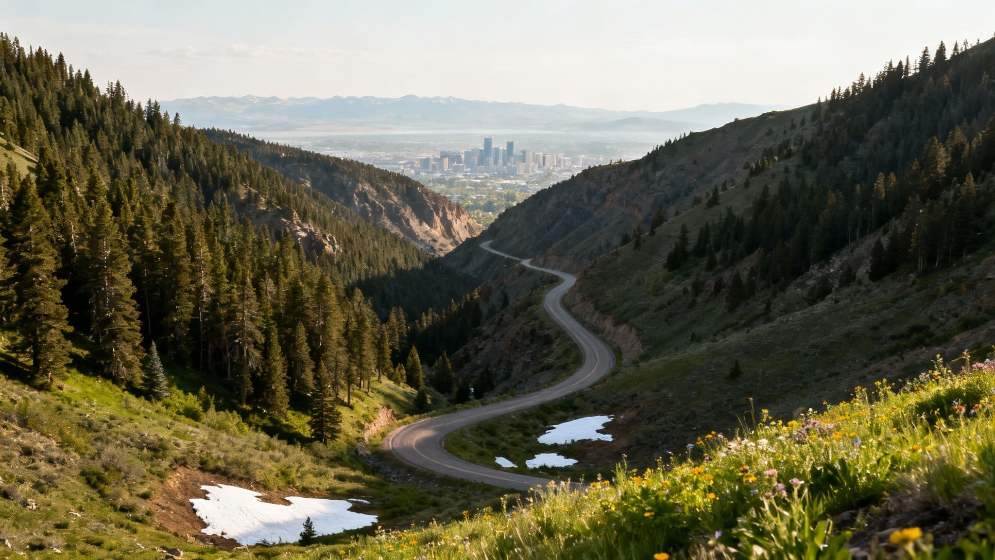 The road in Big Cottonwood Canyon with fall colors on the trees and mountains in the background.