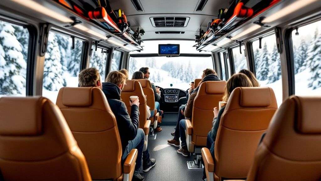 A line of skiers and snowboarders waits to board a UTA ski bus at a park-and-ride lot on a snowy day.