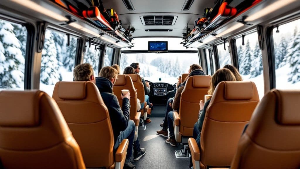 A line of skiers and snowboarders waits to board a UTA ski bus at a park-and-ride lot on a snowy day.