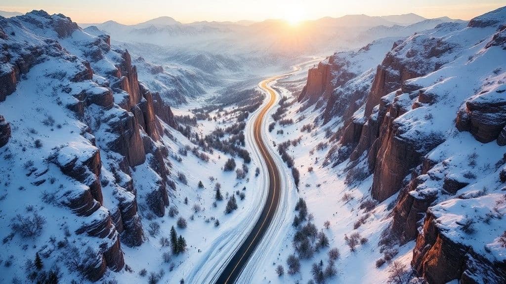 A snow-covered, narrow mountain road winding between snowbanks with ski resorts visible in the background under a cloudy sky.