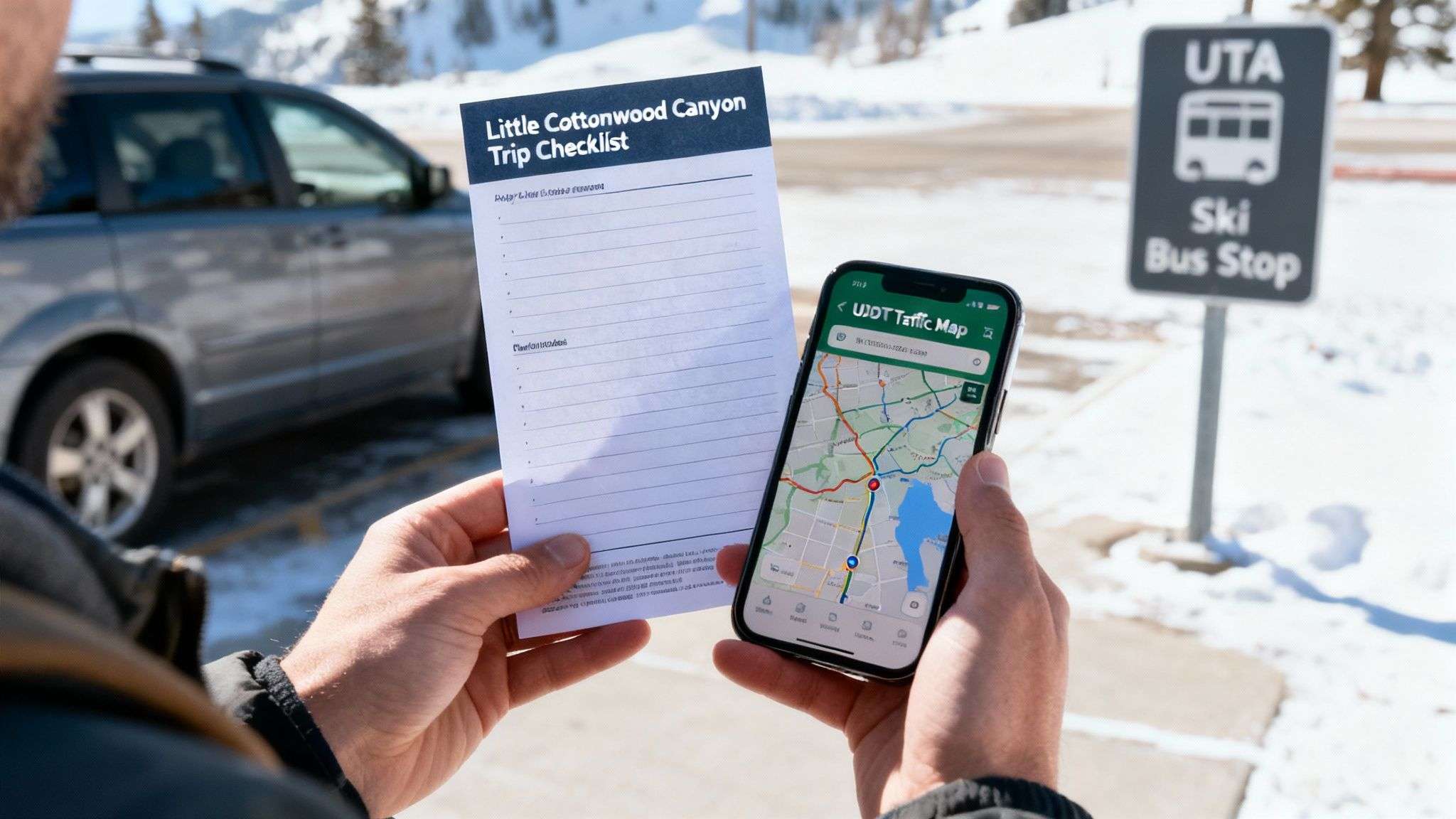 Cars with ski racks driving up a snowy canyon road.