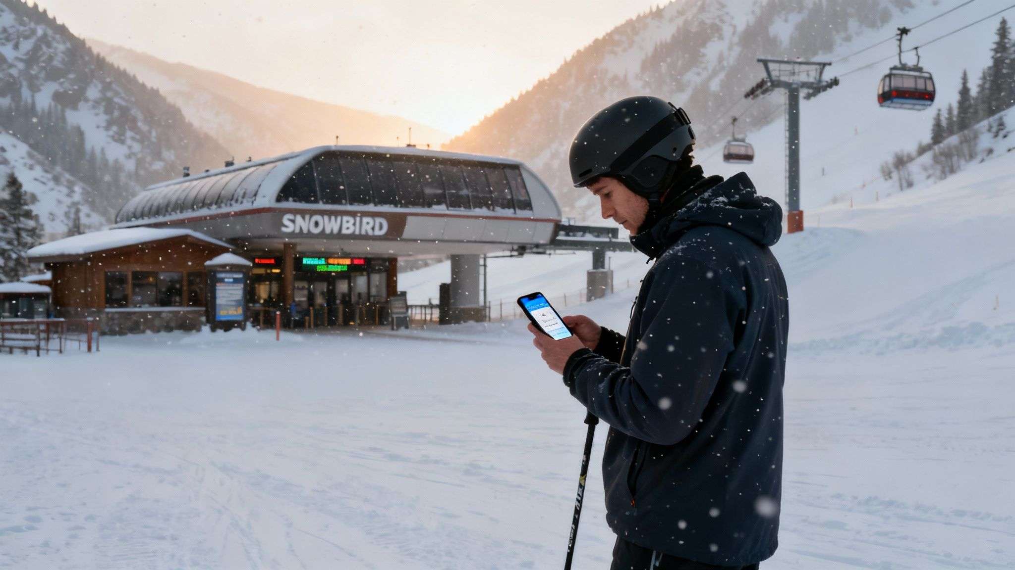 Skier making fresh tracks in deep powder snow at a ski resort.