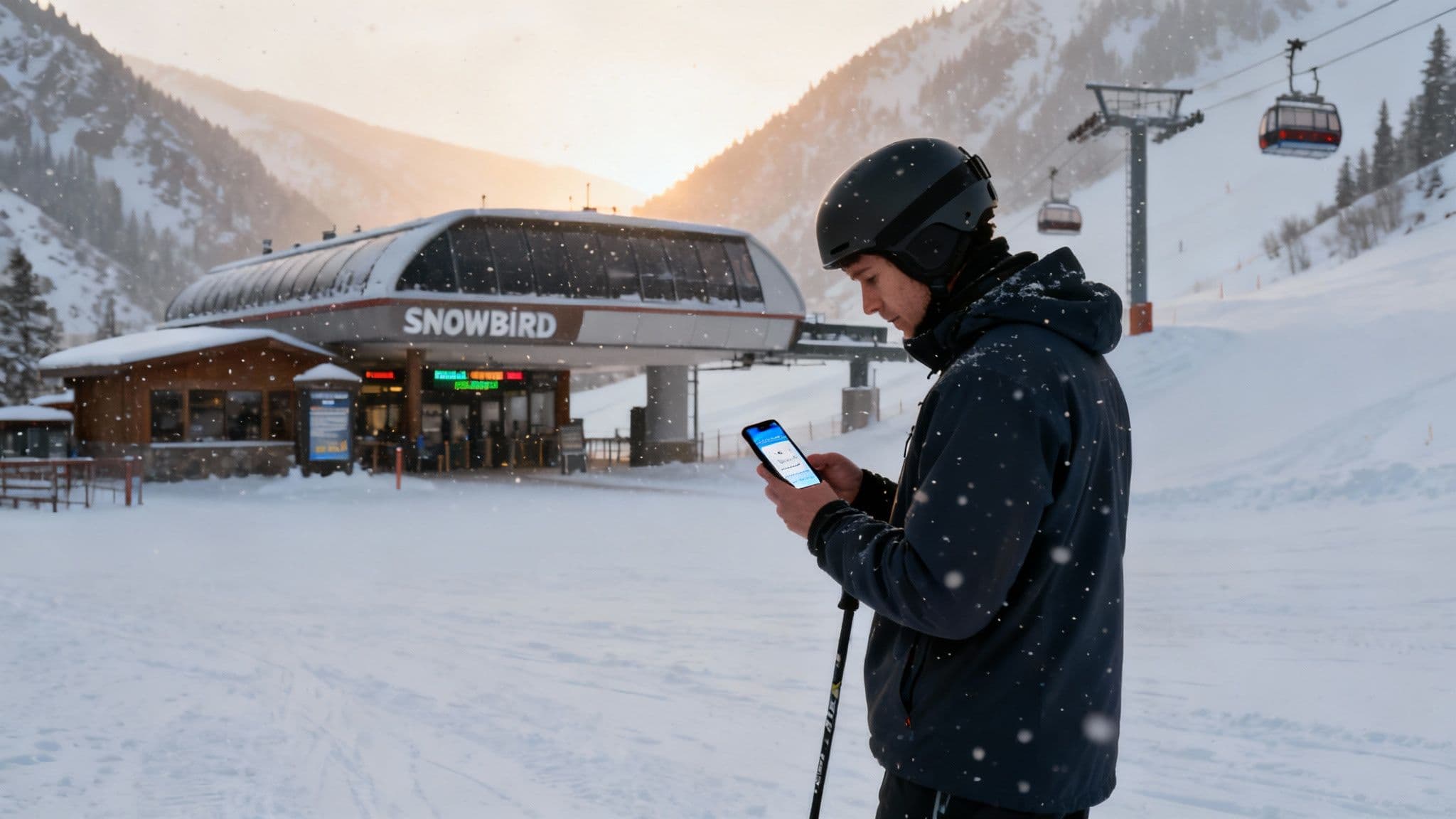 Skier making fresh tracks in deep powder snow at a ski resort.