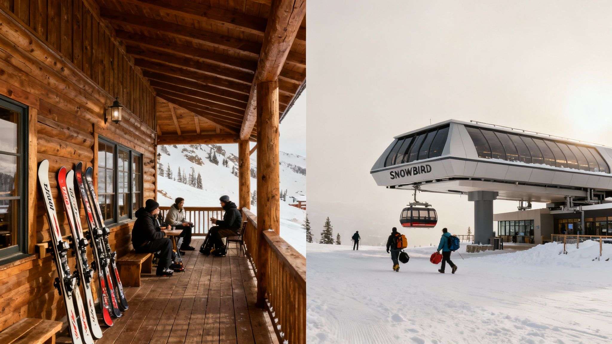 A view from a ski lift looking down on the snowy slopes and base village of Alta or Snowbird.