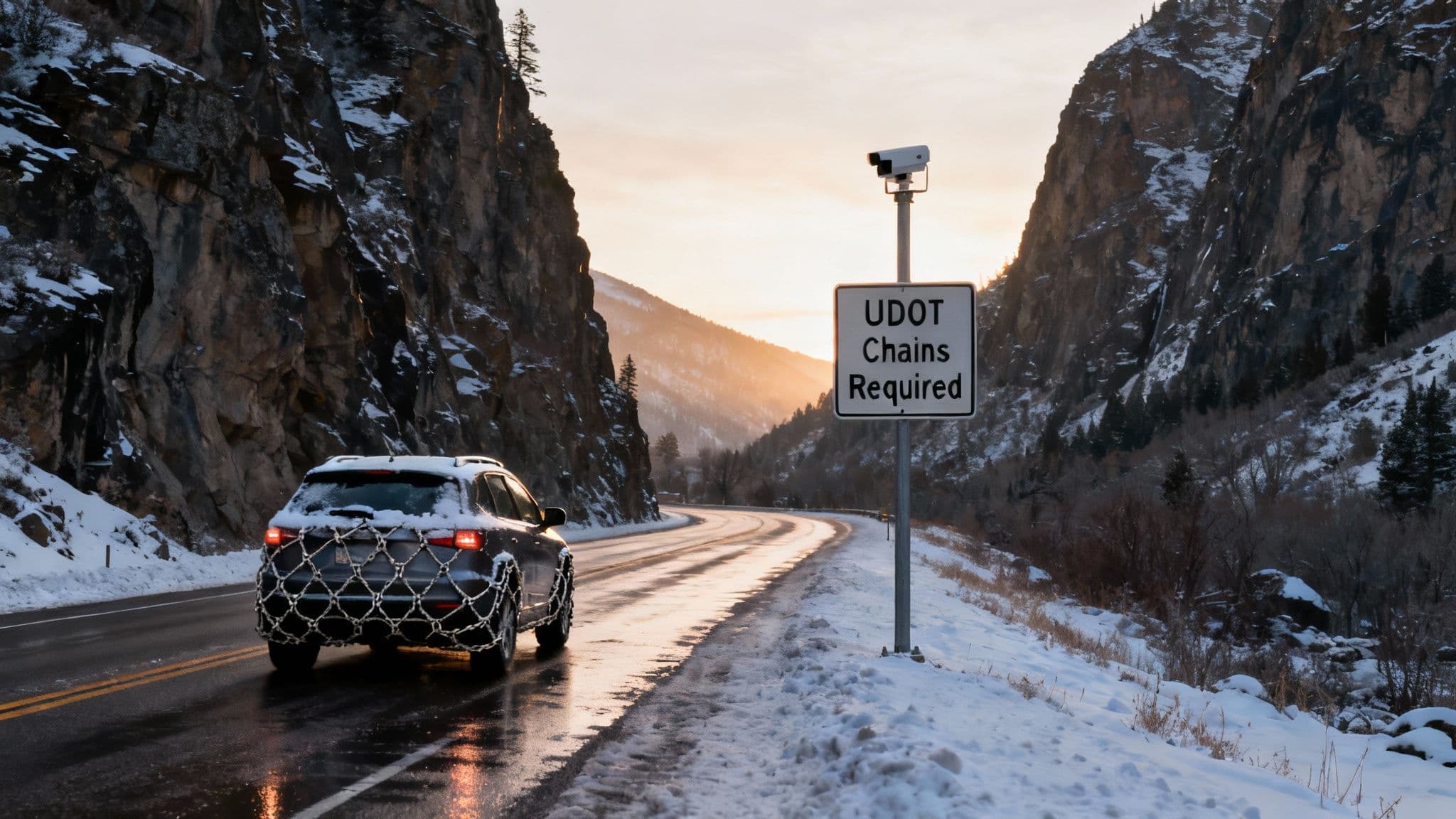 The 'red snake' of brake lights winds up Little Cottonwood Canyon on a snowy morning toward Snowbird and Alta.