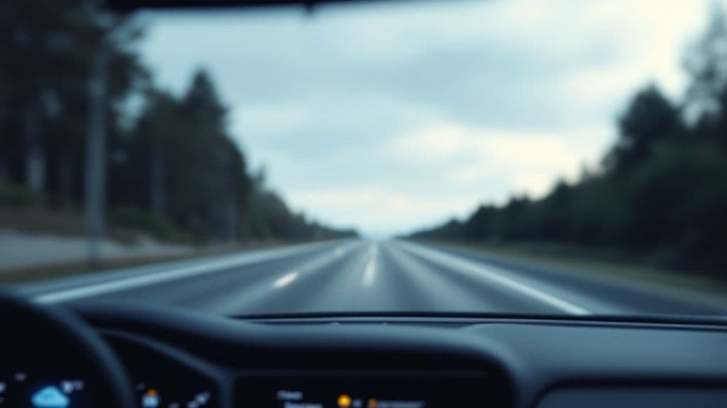 A snowy, winding canyon road with cars driving carefully in winter conditions.