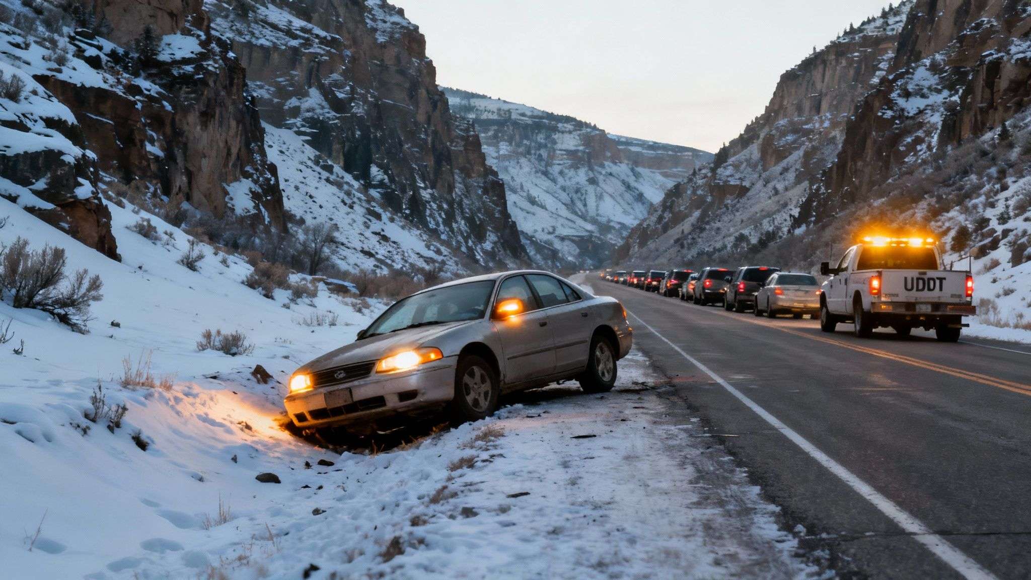 A traffic jam of cars on a snowy canyon road, illustrating a closure.