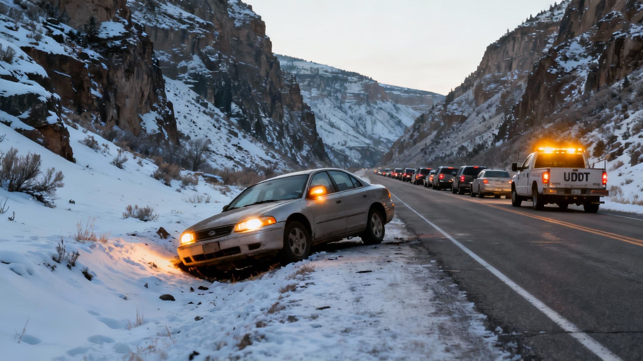 A traffic jam of cars on a snowy canyon road, illustrating a closure.