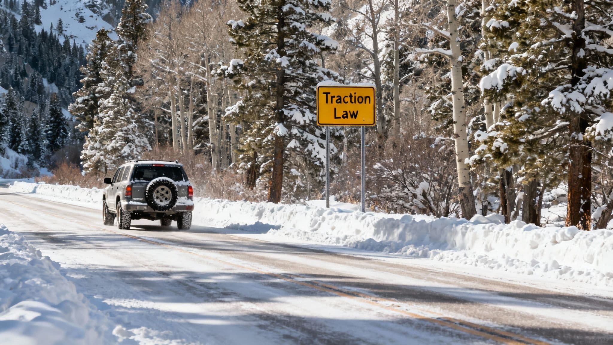 Cars driving up a snowy Big Cottonwood Canyon road towards Brighton Resort.
