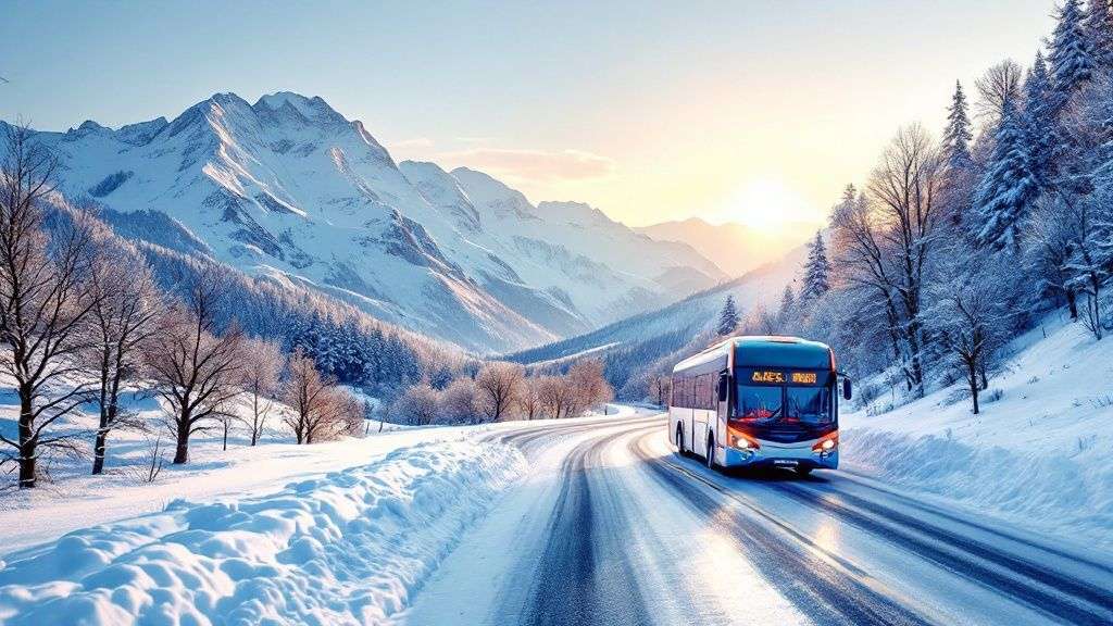 Interior view of a Utah ski bus, showing passengers in winter gear sitting and standing during their ride to the resort.