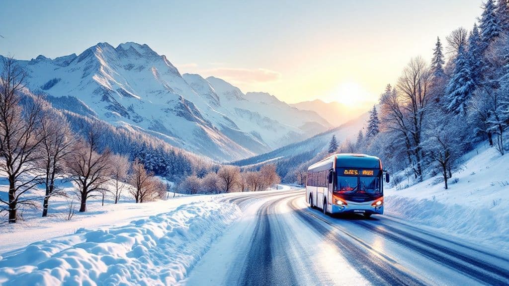 Interior view of a Utah ski bus, showing passengers in winter gear sitting and standing during their ride to the resort.